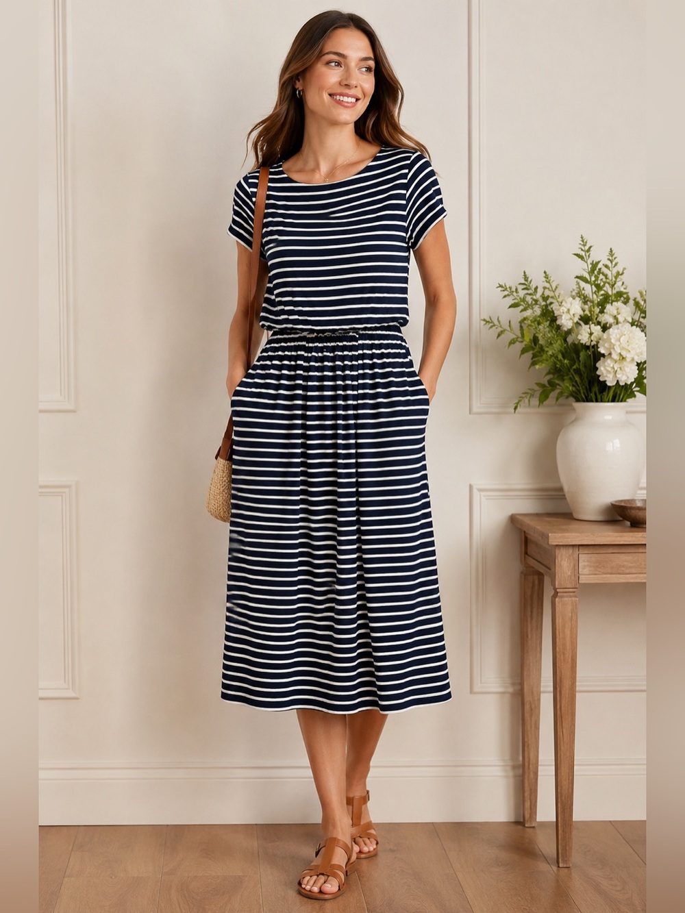BODEN Amelia Navy/ White Striped Jersey Midi Dress Ruched Waist Size 10